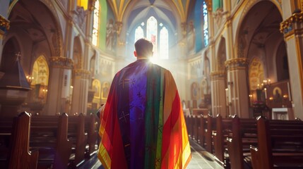 priest of a Catholic church with the LGBT flag inside a Catholic church as a robe in high resolution
