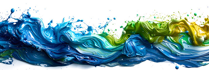 A chaotic blue and green paint splatter mess on transparent background. - obrazy, fototapety, plakaty