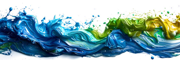 Foto op Plexiglas A chaotic blue and green paint splatter mess on transparent background. © Steves Artworks