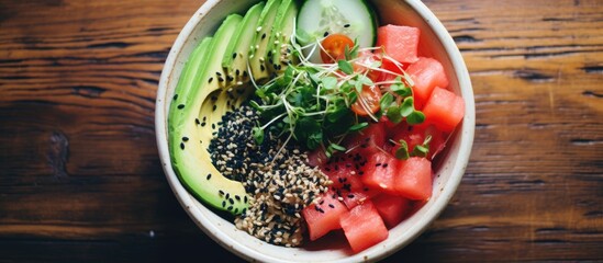 A refreshing bowl of watermelon, avocado, cucumber, and sesame seeds, perfect for a light and healthy dish. This recipe combines fresh ingredients with a touch of sesame seeds for added flavor