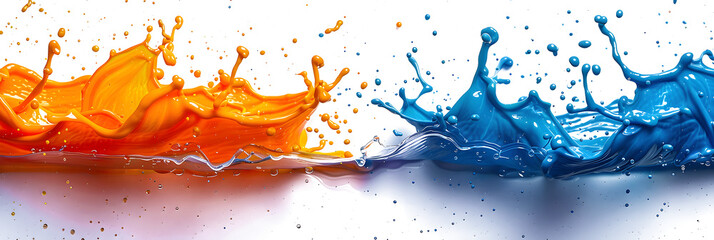 Neon orange and blue paint splashes spattered on transparent background.