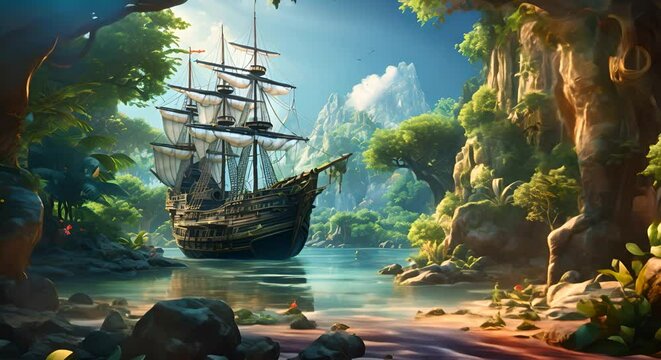 Pirate cove with hidden treasures and a secretive atmosphere