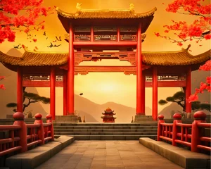 Zelfklevend Fotobehang Chinese Temple Sunset: Emblematic Flowers and Architectural Beauty © JES ARB
