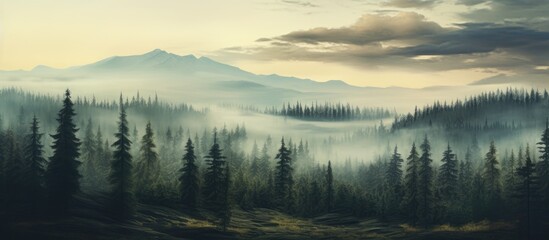 A mesmerizing art piece depicting a foggy forest with looming mountains in the background, evoking a mysterious and tranquil atmosphere at dusk