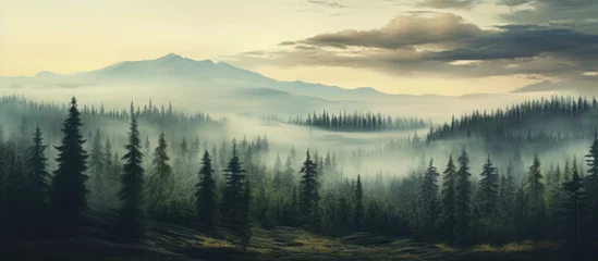 Fotobehang A mesmerizing art piece depicting a foggy forest with looming mountains in the background, evoking a mysterious and tranquil atmosphere at dusk © 2rogan