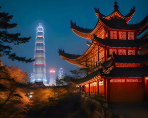 Fototapeta premium Chinese cityscape temple night view, Nighttime illuminated cityscape China