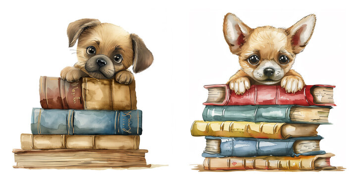 watercolor clipart  cartoon puppy peering out from behind a stack of oversized books. isolated on a white background
