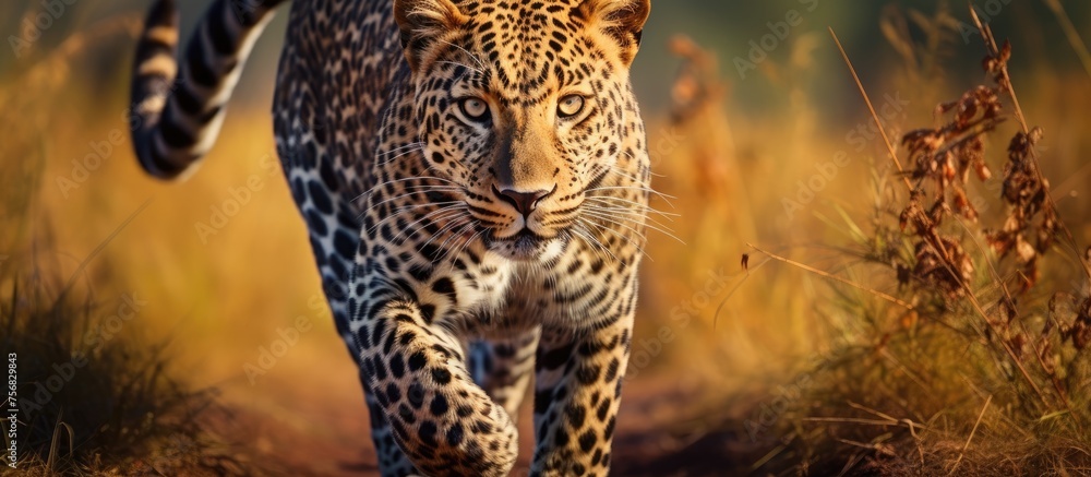 Sticker A Carnivore Felidae, the Leopard, gracefully moves through tall grass. Known for its beautiful fur and whiskers, this big cat is a terrestrial animal found in Africa