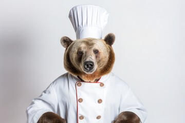 Brown bear in a chef's uniform and a toque