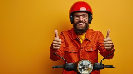 A cheerful male courier in a motorcycle helmet sits on a scooter and gives a thumbs up