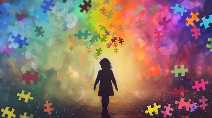 Silhouette of a child with puzzle pieces representing complex thinking and autism mental health concept - obrazy, fototapety, plakaty