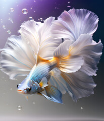 Fototapeta premium amazing colorful Betta fish male with long tail and fins posing against purple-gray background. close up. Digital artwork. Ai generated