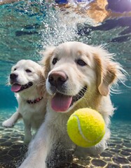 A golden retriever dog and his pup playing underwater with a tennis ball