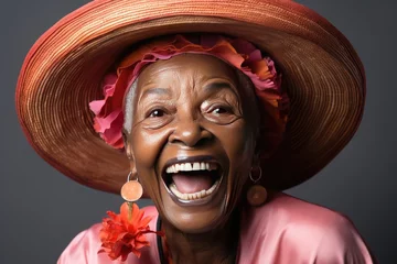 Papier Peint photo Lavable Havana close-up Cuban woman with flashy hat very happy