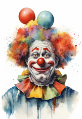 Watercolor clown on white background, world circus day
