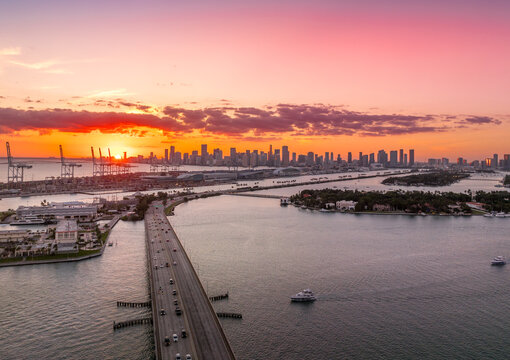 Aerial sunset view of McArthur causeway, Dodge Island near Miami South Beach