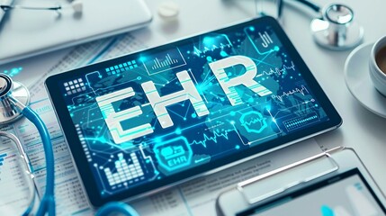 banner design with the acronym EHR seamlessly integrates with a digital tablet, symbolizing the transition to Electronic Health Records.
 - obrazy, fototapety, plakaty