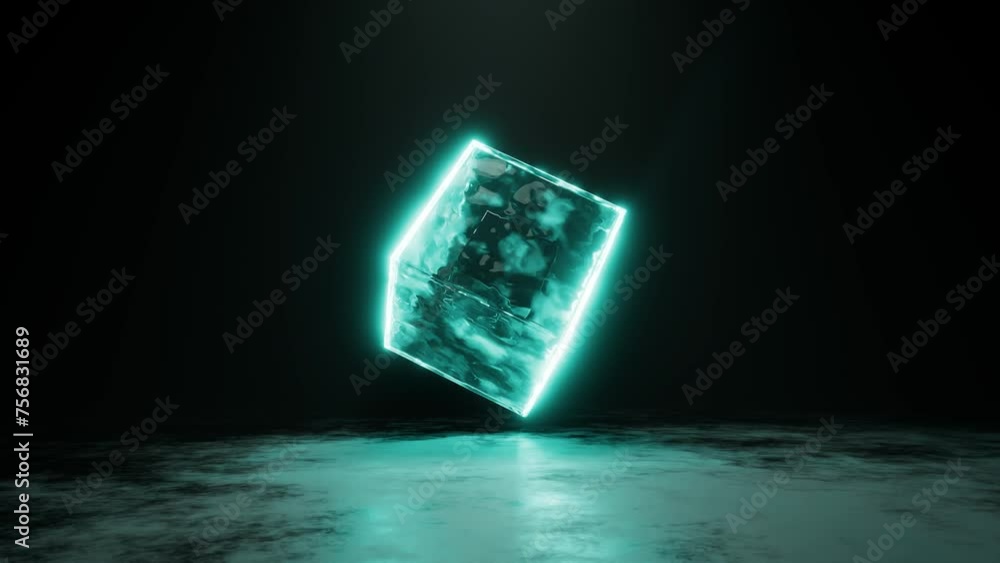 Poster 3d render animation loop of glowing neon cube and reflecting floor