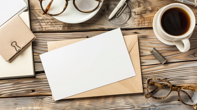 Professional Presentation: Blank White Card on Wooden Desk Amidst Glasses, Coffee Cup, and Pen (Overhead Shot)