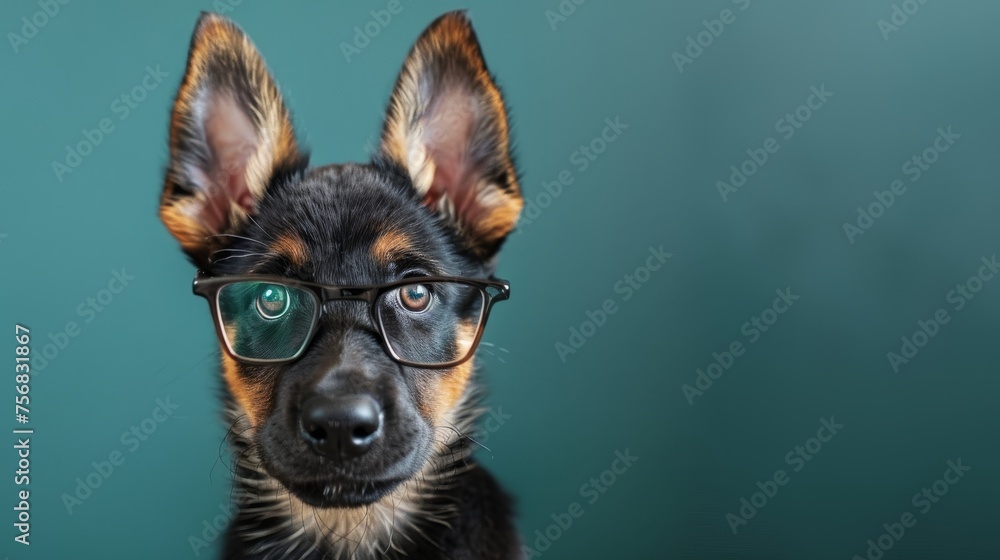 Poster playful puppy in spectacles surrounded by a studio backdrop, offering ample room for text placement.