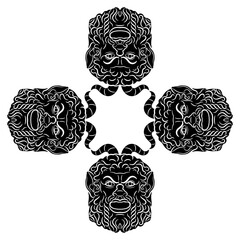 Square cross shape ornament with four antique masks of satyr or god Pan. Faces of bearded horned men. Black and white silhouette. - obrazy, fototapety, plakaty