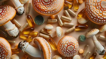 mushroom supplement tablets. Overhead view of mushrooms with herbal medicine pills - obrazy, fototapety, plakaty