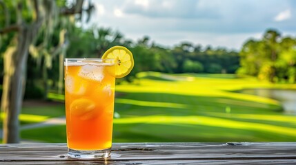 Golf Course Refreshment: Tall Glass Cocktail with Lemon Wedge, Copy Space For Text