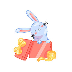 Cute blue bunny sit in red gift box vector illustration. Scandinavian style rabbit in Christmas, Easter present box for sticker, print, web and decoration.