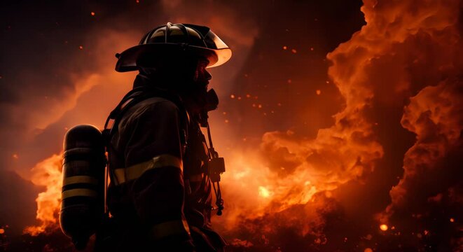 Silhouette of a firefighter against a backdrop of raging flames, heroism theme