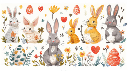 cute Happy Easter cartoon characters and design elements. Bunnies, Easter eggs, flowers, hearts. Spring illustration. Funny fashion rabbit
