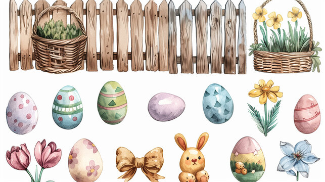 Easter Bunny Clip Art, Watercolor Easter elements: Easter bannies, eggs, wooden fence, basket with spring flowers and eggs, bow. Vector Clip art for Easter design.