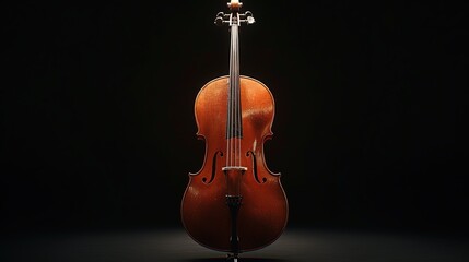A cello with a rich brown wood finish, captured against a solid black background for a warm and expressive music shot.