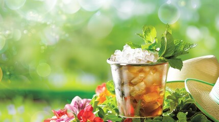 Floral Mint Julep Elegance: Crushed Ice, Mint Sprigs in Silver Cup Amidst Flowers and Hats - obrazy, fototapety, plakaty