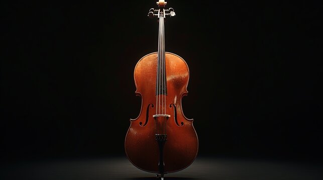 A cello with a rich brown wood finish, captured against a solid black background for a warm and expressive music shot.