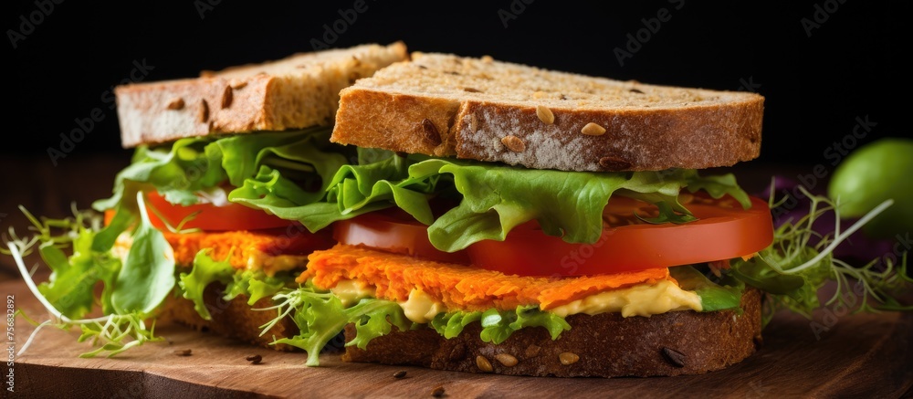 Poster a sandwich made with staple ingredients like lettuce, tomatoes, and carrots, all placed on a wooden 