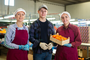 The work team in color uniform discusses the process of sorting, packaging and quality control of fruit.