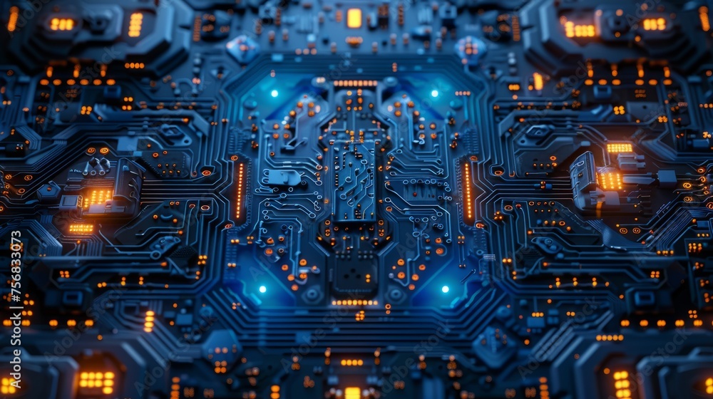 Poster seamless pattern of binary code, deep blue circuits, high-precision tech art