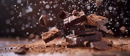 Dynamic Chocolate cubes and Shards Explosion in Air. Captivating high-speed capture of exploding dark and milk chocolate shards against a warm, dark backdrop. use for advertisement, marketing - obrazy, fototapety, plakaty
