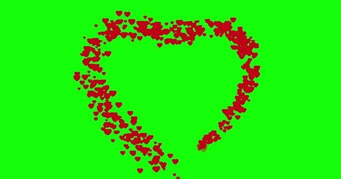 Heart frame made of red hearts animation on a green background. Heart animation for Women's day, Valentine's Day, and Wedding anniversary