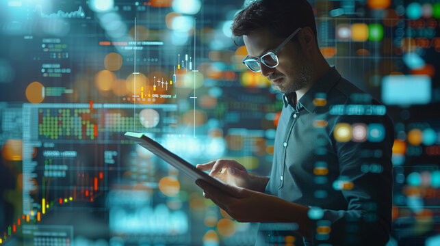 businessmen Data science, business analysis and strategy, big data concept.Business teamwork analyzing financial graphs on virtual touch screen, futuristic technology solution for business development