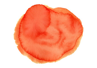 Artistic red and orange painting liquid watercolor textured blob isolated on white. Abstract...
