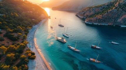 Aerial view of colorful ships parked on the beach in sunset, on the surface of the clear azure sea water in the Mediterranean sea. View from a drone