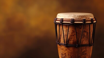 A conga drum with a wooden finish, captured against a solid brown background for a warm and earthy music shot. - obrazy, fototapety, plakaty