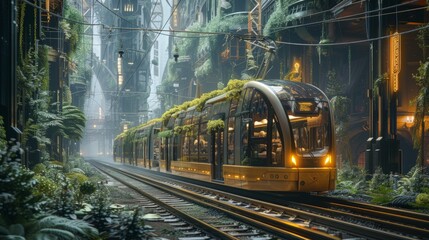 a hybrid Vintage-Futuristic tram glides along a track in a futuristic urban surrounded by lush greenery and urban structures in a misty cityscape. - obrazy, fototapety, plakaty
