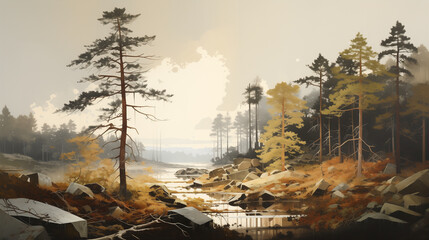 The sun sets behind a misty pine forest, casting a warm glow over a gentle river and flying birds. Watercolor painting illustration.