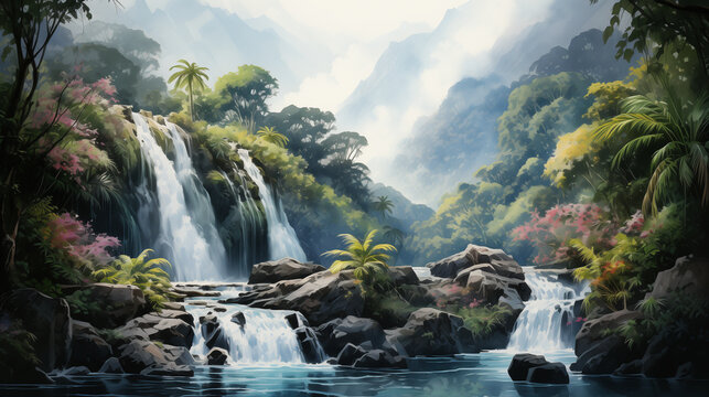 Captured in watercolor, a cascading waterfall takes center stage amidst a vibrant, lush forest, creating a serene atmosphere that transports viewers to a tranquil oasis.