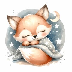 watercolor illustration of cute baby fox snuggling with a blanket sleeping for baby nursery kids room children' s room decor