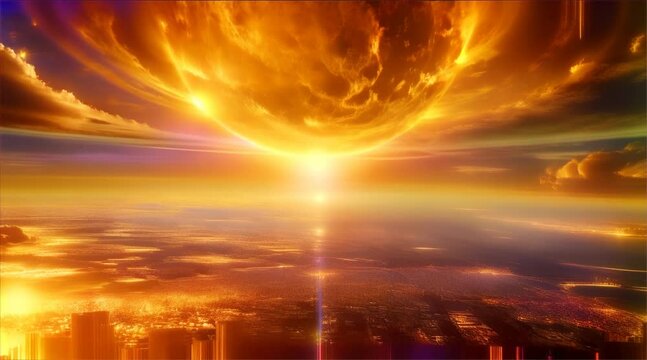 A radiant and energetic image depicting what appears to be a solar eruption or a bright explosion with intense yellow and orange hues.