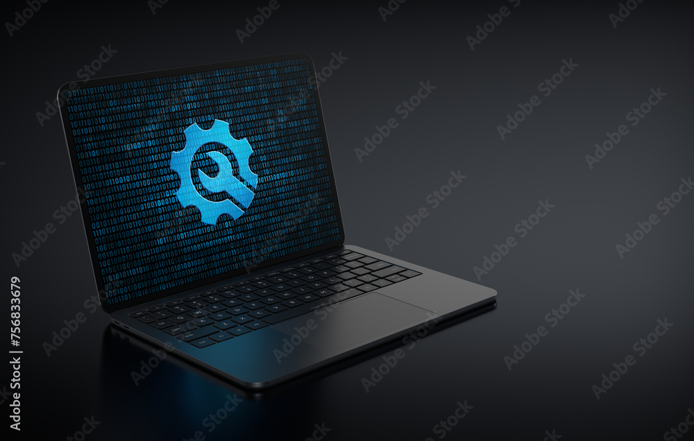 Poster laptop device in the left side positioned diagonally with digital tool icon in screen on a dark back