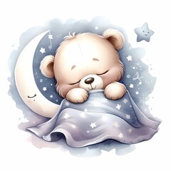 watercolor illustration of cute sleepy baby bear with moon star blanket for baby nursery kids room children's room prints  decor